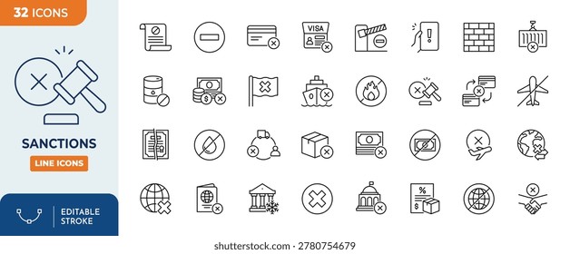 Sanctions icon set. Editable stroke. Vector illustration	
