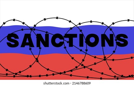 Sanctions on russian flag text, fenced with barbed wire, media illustration. Sanctions over russia economy. Minimalistic flat design graphic.