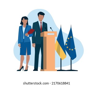 Sanctions. Politics. Business people. Man and woman in business suits, politicians, businessmen, presenters. Flag of Ukraine and the European Union. Vector image.