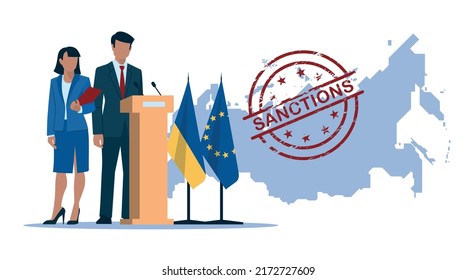 Sanctions. Politics. Business people. Man and woman in business suits, politicians, businessmen, presenters. Russia map with Sanctions stamp. Flag of Ukraine and the European Union. Vector image.	