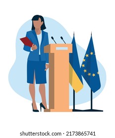 Sanctions. Politics. Business People. Woman In Business Suits, Politicians, Businessmen, Presenters. Flag Of Ukraine And The European Union. Vector Image.	