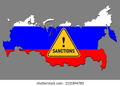 Sanctions Russia. A sign warning about sanctions against the background of a map of the Russian Federation painted in the color of the flag. Economic isolation of Russia. Sanctions vector illustration