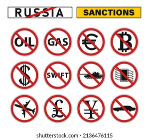 Sanctions for Russia. Vector different round prohibition road signs. Ban on dollar, euro, pound, yen, etc