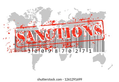 Sanctions seal on the background of the world map with barcode as a concept of global crisis and trade wars. Vector illustration 