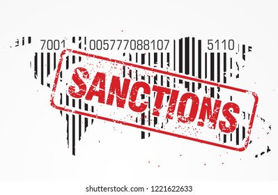Sanctions and trade wars concept in the form of an ink stamp with the inscription SANCTIONS on the background of the world map with a barcode. Vector illustration.