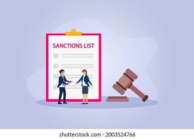 Sanctions Vector Concept. Business People Discussing Sanctions List With A Law Gavel On The Background