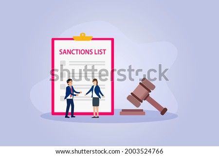 Sanctions vector concept. Business people discussing sanctions list with a law gavel on the background