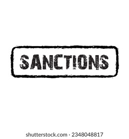 Sanctions white label and badge, button, stamp isolated on black background. Black sanctions icon with grunge font