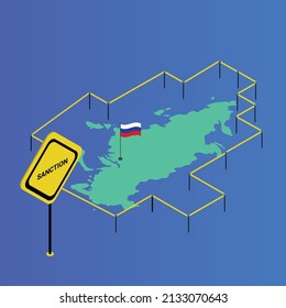 Sanctions - Yellow ribbon around the map of the Russian Federation isometric 3d vector concept for banner, website, illustration, landing page, flyer, etc.
