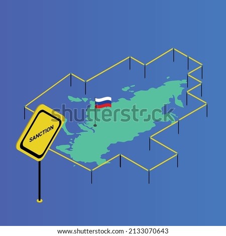 Sanctions - Yellow ribbon around the map of the Russian Federation isometric 3d vector concept for banner, website, illustration, landing page, flyer, etc.