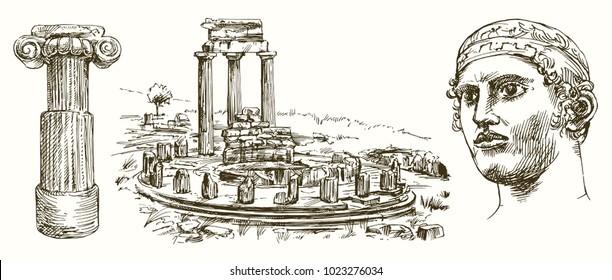 Sanctuary of Apollo at Delphi, Greece, hand drawn set