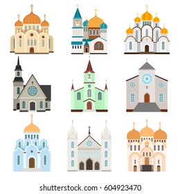 Sanctuary building icons. Christian basilica and church flat icons, vector illustration