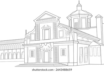 Santuário de Oropa Line Art, desenho de linha vetorial do Santuário de Oropa, um proeminente santuário mariano localizado na comuna de Biella, Itália. A ilustração captura a fachada com seu