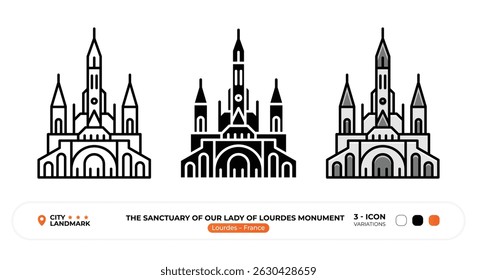 O Santuário de Nossa Senhora de Lourdes ícone da linha do monumento. Lourdes, França, Marco, Silhueta, Vetor de Cor, Traço Editável.
