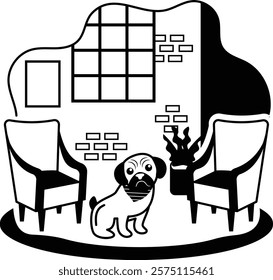 Sanctuary Room for Your Newly Adopted puppy vector design, Pet foster and hotel Symbol, kennel animal Sign Human-animal interaction illustration, Bulldog Sitting between arm chair on Doggy Pad concept