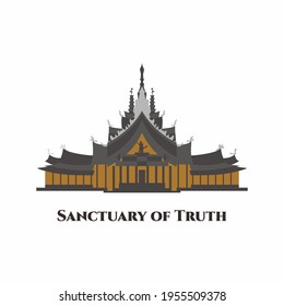 Sanctuary of Truth in Pattaya, Thailand. A gigantic wooden construction. This place great to see the carving happening. Recommend for all visitors. Vector flat cartoon illustration