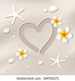 Sand background with heart shape, starfishes, stones and frangipani flowers, beach summer travel love vector  illustration