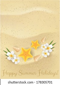 Sand background with starfishes, flowers and seashells