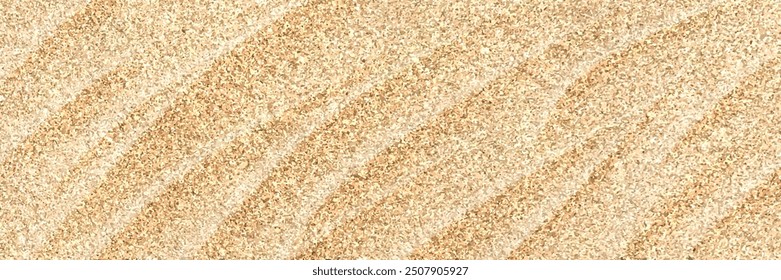 Sand background top view. Beach or desert texture with golden sandy waves or dunes. Golden brown sandy surface captures beauty and simplicity of nature. Realistic 3d horizontal vector illustration.