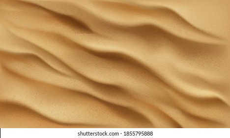 Sand background top view, desert or beach texture with golden sandy waves or dunes. Ocean or sea bottom, grainy abstract wallpaper or backdrop, nature, coastline. Realistic 3d vector illustration