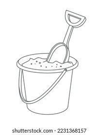 Sand Basket with Pail. Baby Toy in outline style. Vector kid illustration of shovel for sandbox. Drawing for icon or logo on isolated background in black and white colors. Line art sketch.