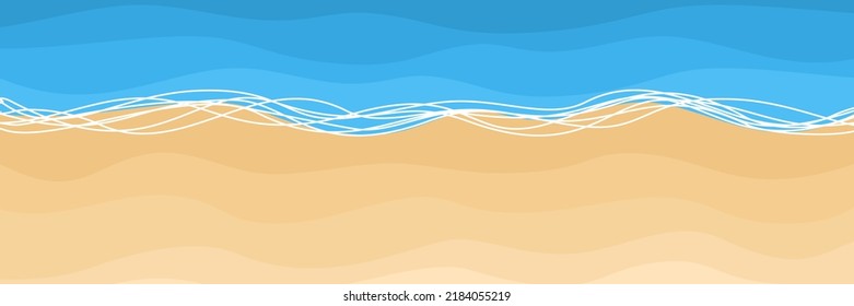 Sand beach background with blue sea waves. Vector top view summer banner in flat style