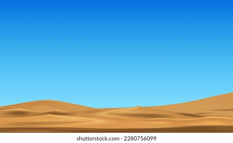 Sand Beach with Blue Sky by the Sea,Desert Landscape with Golden Sand Dunes under Clear Sky,Nature desert in hot sunny day,Vector horizon panoramic Concept for Travel on Spring,Summer background