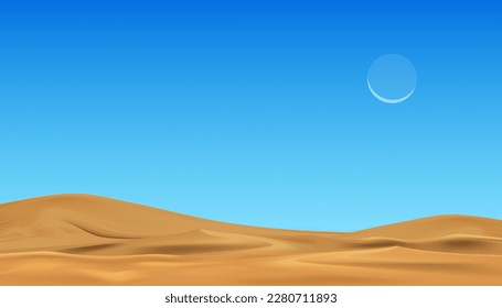 Sand Beach and Blue Sky,Desert Landscape Sand Dunes with Crescent Moon on Clear Sky,Vector Islamic,Muslims religion month of Generous Ramadan,New Moon,Prayer time.Eid Mubarak,Eid al Adha,Eid al Fitr 