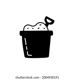 Sand beach bucket and shovel icon in solid black flat shape glyph icon, isolated on white background 