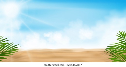 Sand beach with coconut palm leaf, blue sky and clouds Vector Horizon Landscape of tropical Summer sea beach with sunlight,Vacation holiday background for advertisement for cosmetic, skincare product.