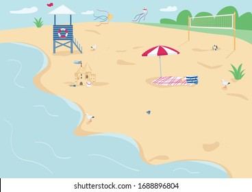 Sand beach flat color vector illustration. Blanket with sun umbrella, lifeguard tower and volleyball net. Summer vacation, recreation. Seacoast 2D cartoon landscape with water on background