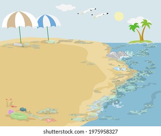 Sand beach full of waste and plastic, vector illustration background