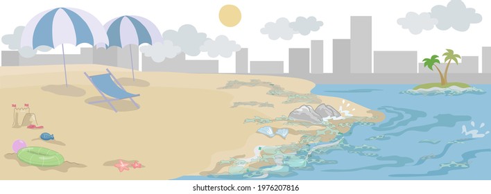 Sand beach full of waste and plastic in a cityscape, vector illustration