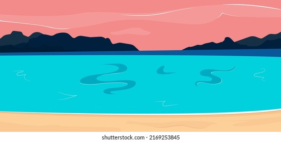 Paisaje de playa de arena con océano azul, cielo rosado y montañas. Ilustración vectorial.