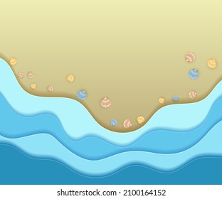 Sand beach, ocean blue coastal waves and sea shells summer background vector illustration. Paper cut origami effect design. Marine seaside sand, caribbean coastal blue water, blue sea waves 