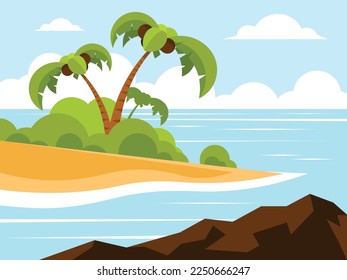 Sand beach with palm trees and bushes in the background of the ocean. Vector graphics