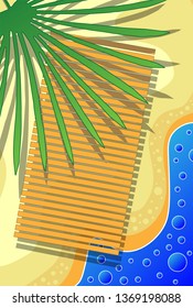 Sand beach postcard, ocean waves, clear water, sunny summer weather, vacation. Vector geometric simplified illustration for card, banner, background, print etc.