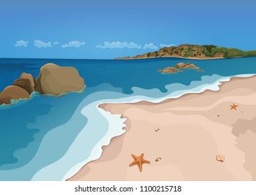 Sand beach and sea, vector colorful graphic drawing. Sandy shore with starfish and seashells, sea waves, ocean, rocks in the sea, horizon and blue sky, and island with trees. Sunny summer illustration