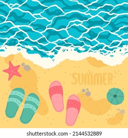 Sand beach and sea waves, view from above, vector illustration with summer elements