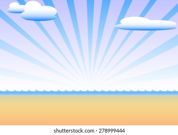Sand beach with sky cloud and sunburst backgrounds in summer