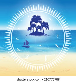 Sand beach and small island with palms in the open sea in the circle frame.