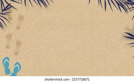 Sand Beach Texture background with Palm leaf shadow and Footprints of human feet, Vector illustration Backdrop Brown Beach sand dune with barefoot and sandal for Summer banner background.