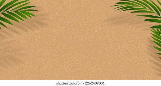 Fondo de textura de playa de arena con hojas de palma con sombra,Ilustración vectorial Plana vista superior tropical con ramas de coco sobre arena marrón de playa con espacio de copia para el verano de vacaciones