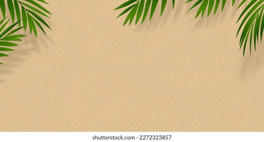 Sand Beach Texture Background with Palm Leaf and Shadow,Vector illustration Flat Lay Top View Tropical Summer beach,Coconut leaves on brown sandy with copy space,Holiday Summer backdrop background