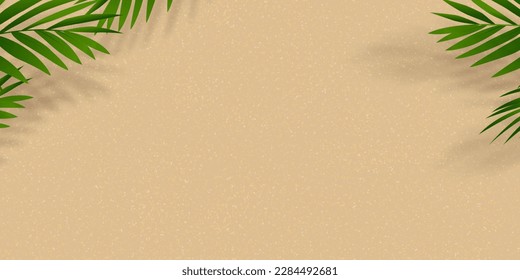 Sand Beach Texture Background with Palm Leaf and Shadow,Vector illustration Flat Lay Top View Tropical Summer beach,Coconut leaves on brown sandy with copy space,Holiday Summer backdrop background