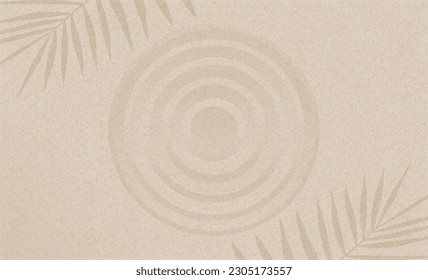 Sandstrand-Textur mit Palmenblättern Schatten auf spirituellem Muster, japanischer Zen-Garten mit Kokosnussblattschatten, konzentrische Kreise auf sandigem Hintergrund, Harmonie, Meditation, Zen-ähnliches Konzept