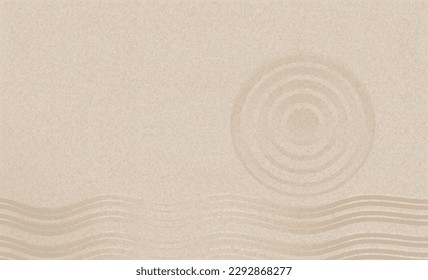 Textura de playa de arena con simples patrones espirituales en el Jardín de Zen japonés con círculos concéntricos y líneas paralelas marcadas en un fondo de superficie de arena suave, Armonía, Meditación, Concepto como Zen