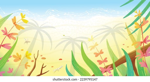 Sand beach tropical seashore background. Seaside holidays and vacations, sandy beach with palm tree shade. Artistic vector background.