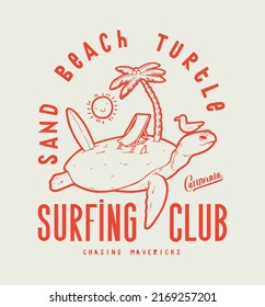 Sand beach turtle. Sea turtle with a beach on it's back with a palm-tree, sling chair and a surfboard. Seagull sitting on turtle's head and sun character in the sky. Surfing t-shirt print.