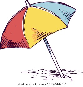 Sand beach umbrella color hand drawn illustration. Striped sun parasol isolated sketch clipart on white background. Sunshade doodle drawing. Summer holiday vacation and recreation design element